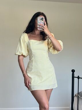 Mable Yellow Gingham Puff-Sleeve Mini Dress